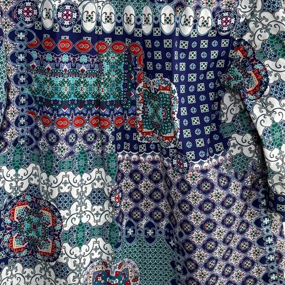 Chicos Multi Color Mosaic Button Down Tunic No Iron Shirt Size 2 Large Pockets - Picture 15 of 15